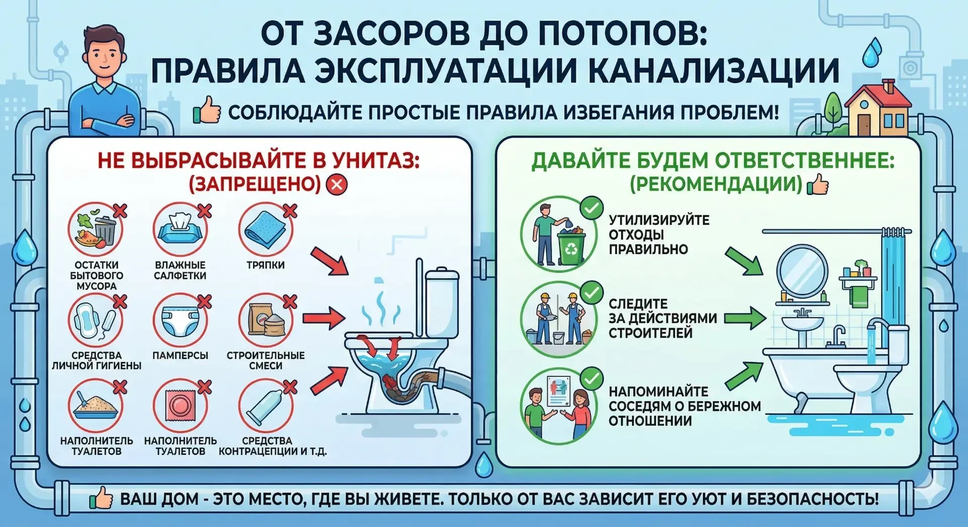 От засоров до потопов: правила эксплуатации канализации